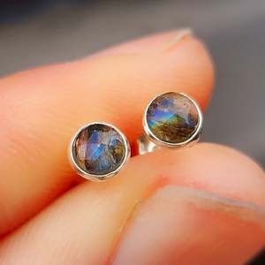 Solid 925 Sterling Silver & 5mm Natural Labradorite Round Stud Earrings