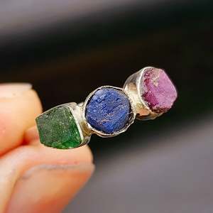 925 Sterling Silver With Raw Emerald, Sapphire, Ruby Rustic Handmade Ring
