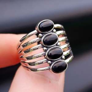 Solid 925 Sterling Silver & Natural Black Onyx 4 Setting Cage Ring