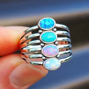 Solid 925 Sterling Silver, Natural Turquoise & Created Opal 4x Setting Cage Ring