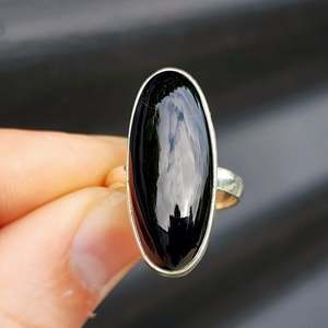 Solid 925 Sterling Silver & Long Oval Black Onyx Handmade Solitaire Ring