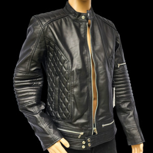 Mens Leather Jackets: Blackout - Mens REAL Genuine Leather Jacket - Black Ribbed & Quilted