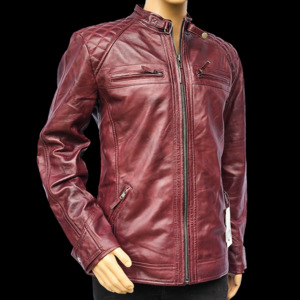 Crimson Brawler - Mens REAL Genuine Leather Jacket - Burgundy Quilted Shoulders