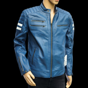 Mens Leather Jackets: Blue Beetle - Mens REAL Genuine Leather Jacket - Blue & White Stripe