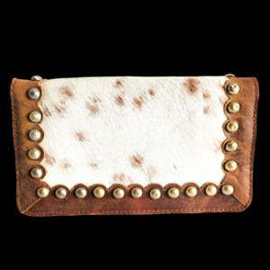 Leather Wallets Purses: Genuine Leather & Cow Hair Rustic Studded Purse - Brown
