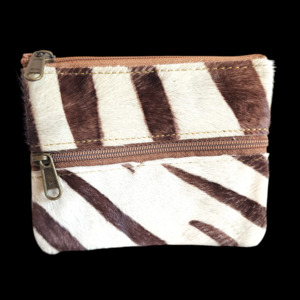 Leather Wallets Purses: Genuine Leather & Cow Hair Double Zip Coin Purse - Brown / White