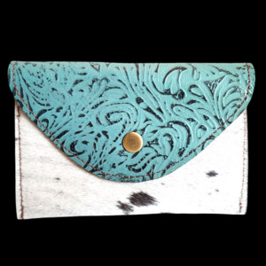 Leather Wallets Purses: Genuine Leather & Cow Hair Coin Purse - Turquoise