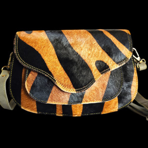 Leather Bags: Genuine Leather & Cow Hair Handbag - Tiger Print