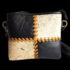 Leather Bags: Genuine Leather & Cow Hair Patchwork Shoulder Bag - Black, Tan, Cow Hair