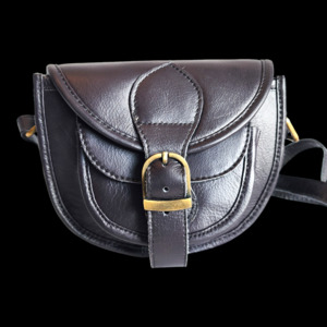 Leather Bags: Genuine Leather Small Rounded Handbag - Black