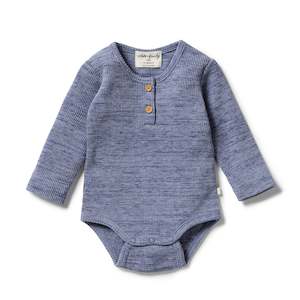 Essentials: Wilson & Frenchy Organic Waffle Henley Bodysuit - Blue Fleck - 0-3mth