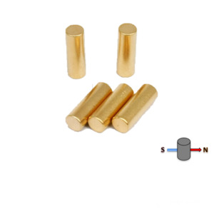Gold Coated Magnets: Neodymium Cylinder Magnet 6mm x 12mm N52, Gold, Diametrically Magnetised