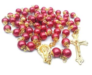 Cultural: ❤️ Red Pearl Rosary Necklace with Gold Crucifix