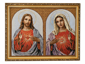 Sacred Heart of Jesus & Immaculate Heart of Mary Gold Frame Tapestry – 42cm x 32cm