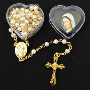 Rosaries Medals Jewellery: Tiny White Pearl Gold Rosary Necklace – Heart-Shaped Gift Box