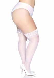 Leg Ave Plus Size Elastane Sheer Stay Up Thig High with Lace Top White