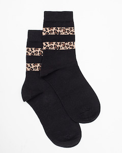 Accessories Socks: LEOPARD STRIPE TOP SOCK BLACK