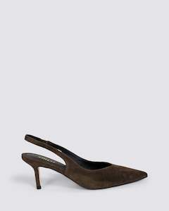 Siren Shoes: YORY SLINGBACK HEELS CHOCOLATE BROWN SUEDE