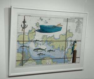 Art Posters: Stunning Justine Hawksworth art - Tamaki Strait, acrylic and pencil on a recycled marine chart