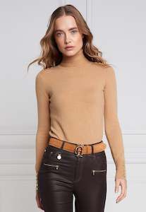 Hc Everyday Knitwear: Buttoned Knit Roll Neck - Dark Camel