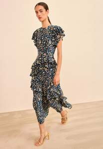 Amaia Cascading Ruffle Midi Dress - Midnight Garden