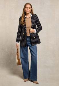 Double Breasted Blazer - Ink Navy Wide Stripe