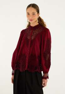 Farm Rio: Berry Garden Guipure Blouse - Burgundy