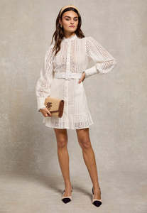 Collarless Broderie Mini Dress - White