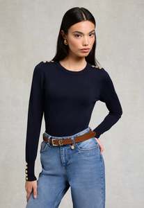 Buttoned Knit Crew Neck - Ink Navy