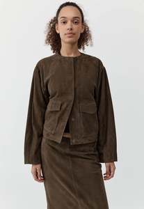 Jackets Blazers: Suede Utility Cocoon Bomber - Khaki