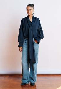 Mahsa: Bow Blouse - Navy Cotton Voile