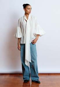 Mahsa: Bow Blouse - Cream Cotton Voile