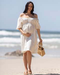 Dresses-Maternity: Celeste Maternity Dress in Whispering Almond Linen