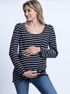 Maternity Casual Tops: Maternity Cotton Swing Long Sleeve Tee Top - Stripes