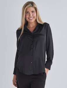Longsleeve Tops: Amelia Black Maternity/ Nursing Satin Button Down Shirt