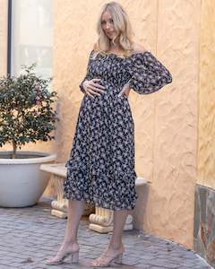 Maternity Party Dress: Daisy Romantic Print Maternity Black Dress