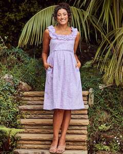 Maternity Floral Dress: Natalie Maternity Ruffled Neckline Eyelet Dress in Lilac