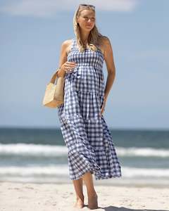 Maternity Maxi Dresses: Maternity Lilliana Dress in Blue Gingham