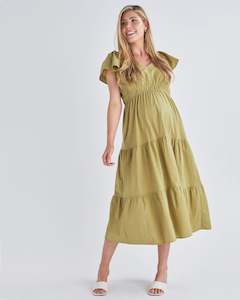 Maternity Midi Dress: Layla Maternity Ruffled Dress in Chartreuse