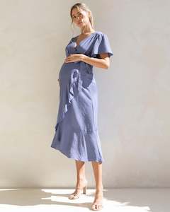 Molly Maternity Wrap Midi Dress In Iris Blue