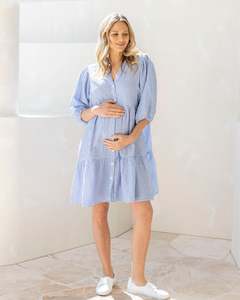 Angel Maternity Brand: Freya Maternity Tiered Linen Shirt Dress In Stripe