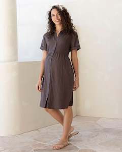 Angel Maternity Brand: Poppy Maternity Linen Shirt Dress- Brown