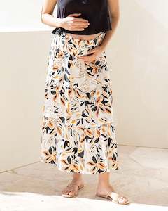 Ellie Maternity Shirred Maxi Skirt in Orange Leaf