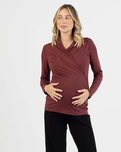 Bamboo Maternity Clothes: Bamboo Maternity V-Neck Crossover Long Sleeve Top - Maroon