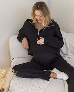Maternity Zipper Track Top in Black
