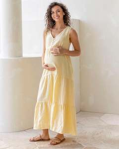 Kiara Linen Maternity Maxi Dress in Lemon