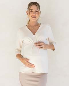Jenni Half Sleeve Maternity V-Neck Work Top in Beige