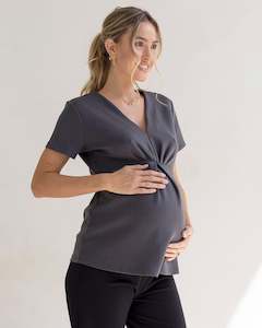 Sabine Soft Ponte Maternity V-Neck Work Top in Slate Grey