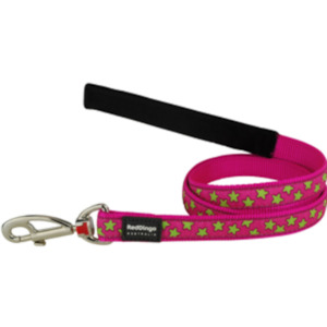 Dog And Puppy Leads: Red Dingo Dog Lead Stars Lime on Hot Pink Medium 20mm x 1.2m