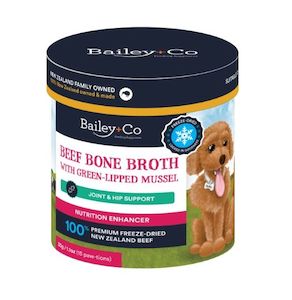 Dog And Puppy Food: Bailey+Co Beef Bone Broth with Green Lipped Mussel – Joint & Hip support 30 paws 65g